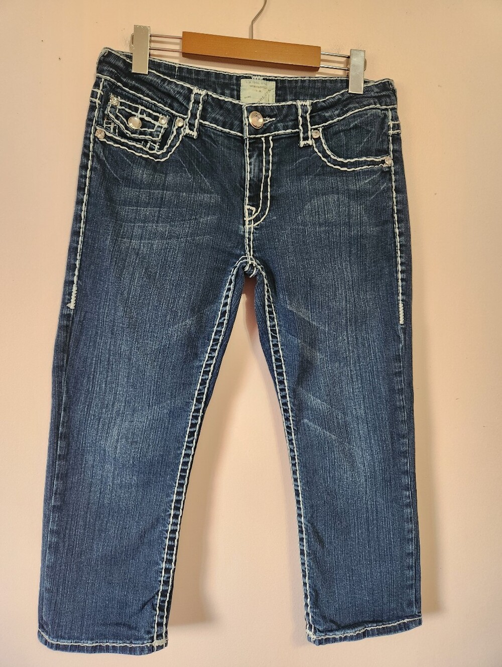 L.A. Idol Y2K McBling Contrast Stitch Rhinestone Cropped Jeans Size 11/30 Capri